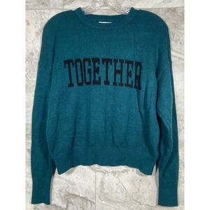 Cotton On Women's Sweater Teal Blue "TOGETHER" Graphic Casual Knit Pullover M